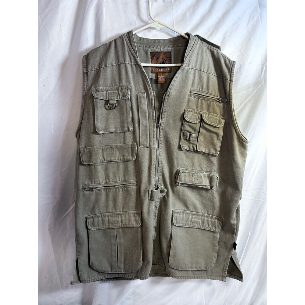 Colorado Utility Cargo Vest L Green Multi Pocket Canvas Fishing Mens